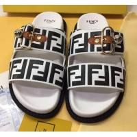 Good Looking Fendi FF Leather Flat Slide Sandals 72007 White/Black 2020