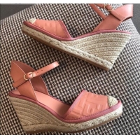 Top Design Fendi FF Leather Slingback Wedge Espadrilles Pink 72513