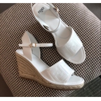 Shop Duplicate Fendi FF Leather Wedge Espadrilles Sandals White 72516