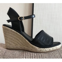 Well Crafted Fendi FF Leather Slingback Wedge Espadrilles Sandals Black 72517