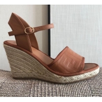 Unique Style Fendi FF Leather Slingback Wedge Espadrilles Sandals Brown 72518