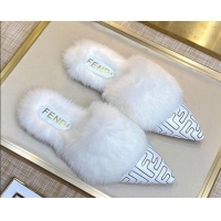 Unique Style Fendi FF Calfskin Fur Flat Slippers Mules 92110 White