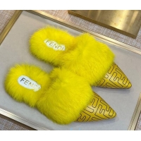 Luxurious Fendi FF Calfskin Fur Flat Slippers Mules 92110 Yellow