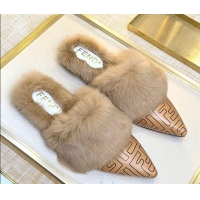 Popular Style Fendi FF Calfskin Fur Flat Slippers Mules 92110 Brown