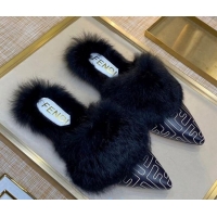 Stylish Fendi FF Calfskin Fur Flat Slippers Mules 92110 Black