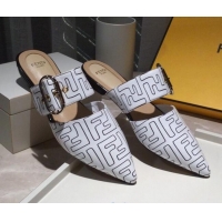 Good Product Fendi FF Leather Flat Mules with Buckle Band 92114 White