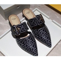 Top Design Fendi FF Leather Flat Mules with Buckle Band 92114 Black