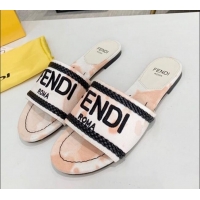 Top Design Fendi Flat Slide Sandals in Silver Embroidered Pink with Braid Charm 121945