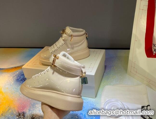 Top Quality Alexander McQueen Patent Leather Sneakers with Lock Charm 90905 White