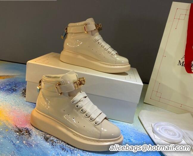 Top Quality Alexander McQueen Patent Leather Sneakers with Lock Charm 90905 White