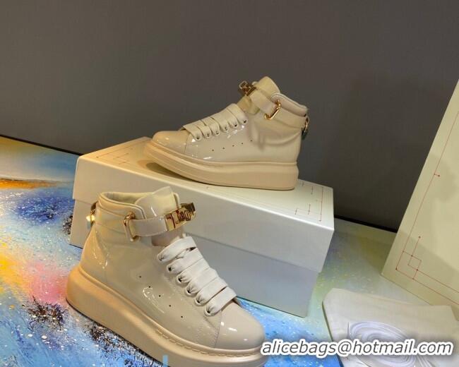 Top Quality Alexander McQueen Patent Leather Sneakers with Lock Charm 90905 White