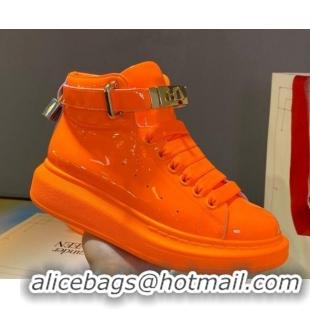 Affordable Price Alexander McQueen Patent Leather Sneakers with Lock Charm 90905 Orange