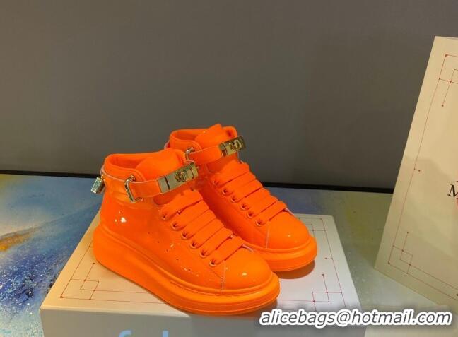 Affordable Price Alexander McQueen Patent Leather Sneakers with Lock Charm 90905 Orange