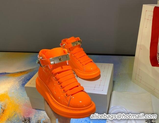 Affordable Price Alexander McQueen Patent Leather Sneakers with Lock Charm 90905 Orange