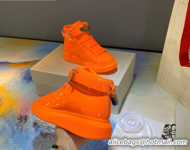 Affordable Price Alexander McQueen Patent Leather Sneakers with Lock Charm 90905 Orange