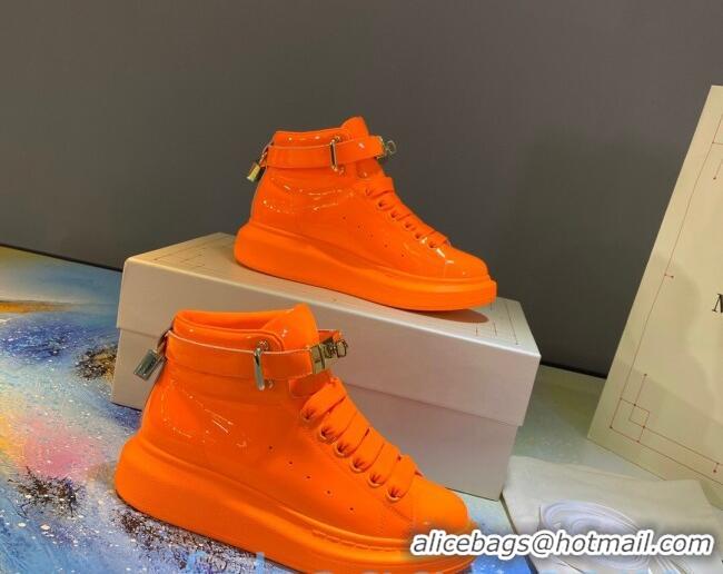 Affordable Price Alexander McQueen Patent Leather Sneakers with Lock Charm 90905 Orange