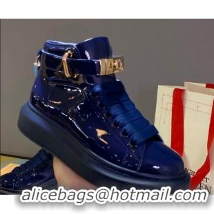 Best Price Alexander McQueen Patent Leather Sneakers with Lock Charm 90905 Navy Blue