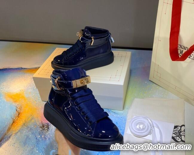 Best Price Alexander McQueen Patent Leather Sneakers with Lock Charm 90905 Navy Blue