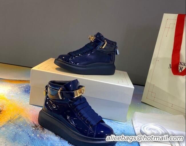 Best Price Alexander McQueen Patent Leather Sneakers with Lock Charm 90905 Navy Blue