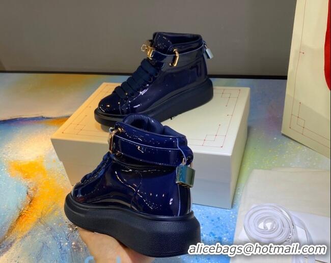 Best Price Alexander McQueen Patent Leather Sneakers with Lock Charm 90905 Navy Blue