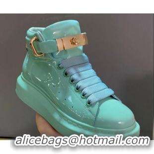 Discount Design Alexander McQueen Patent Leather Sneakers with Lock Charm 90905 Light Blue