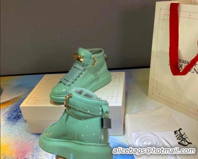 Discount Design Alexander McQueen Patent Leather Sneakers with Lock Charm 90905 Light Blue