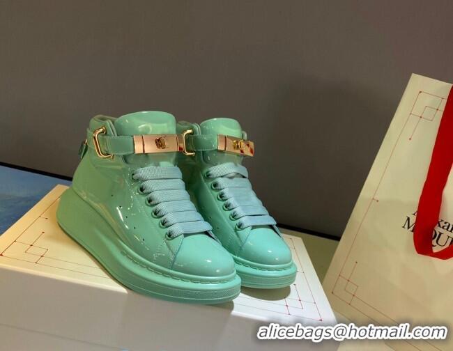 Discount Design Alexander McQueen Patent Leather Sneakers with Lock Charm 90905 Light Blue