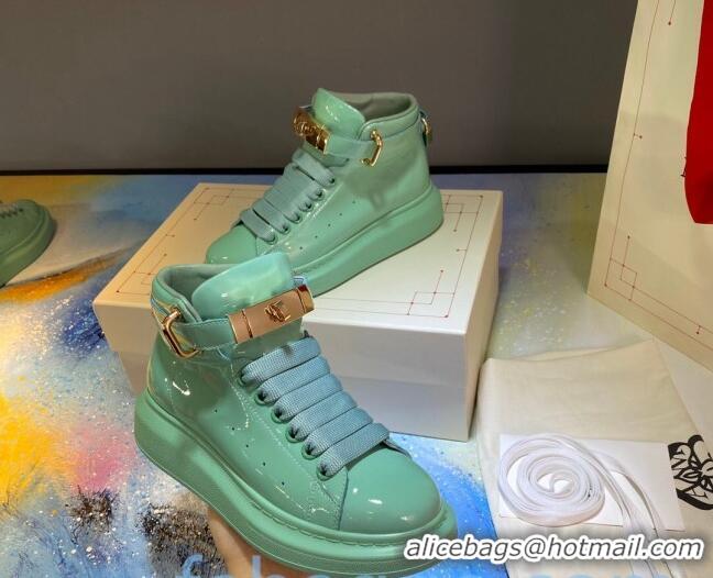 Discount Design Alexander McQueen Patent Leather Sneakers with Lock Charm 90905 Light Blue