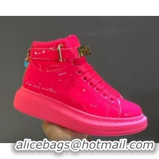 Best Luxury Alexander McQueen Patent Leather Sneakers with Lock Charm 90905 Hot Pink