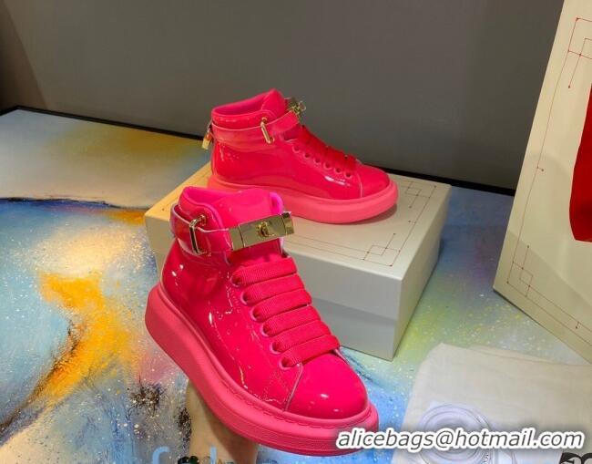 Best Luxury Alexander McQueen Patent Leather Sneakers with Lock Charm 90905 Hot Pink