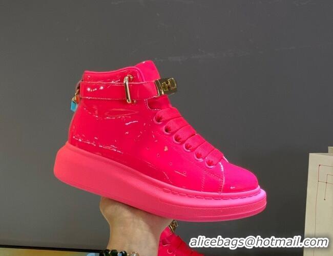 Best Luxury Alexander McQueen Patent Leather Sneakers with Lock Charm 90905 Hot Pink