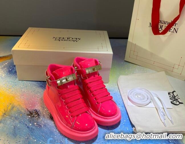 Best Luxury Alexander McQueen Patent Leather Sneakers with Lock Charm 90905 Hot Pink