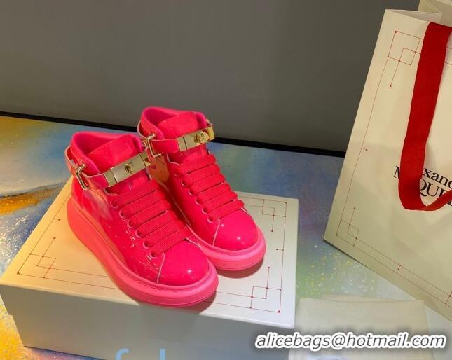 Best Luxury Alexander McQueen Patent Leather Sneakers with Lock Charm 90905 Hot Pink