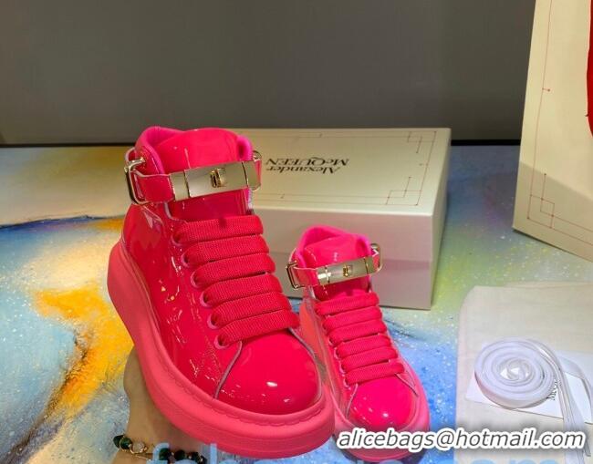 Best Luxury Alexander McQueen Patent Leather Sneakers with Lock Charm 90905 Hot Pink