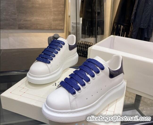  Luxury Cheap Alexander Mcqueen White Silky Calfskin Sneaker 22211 Royal Blue