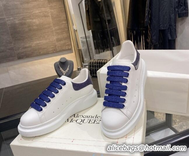  Luxury Cheap Alexander Mcqueen White Silky Calfskin Sneaker 22211 Royal Blue