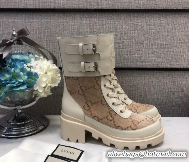 Lowest Cost Gucci GG Velvet Boots With Front Buckle and 5cm Heel Beige 110973