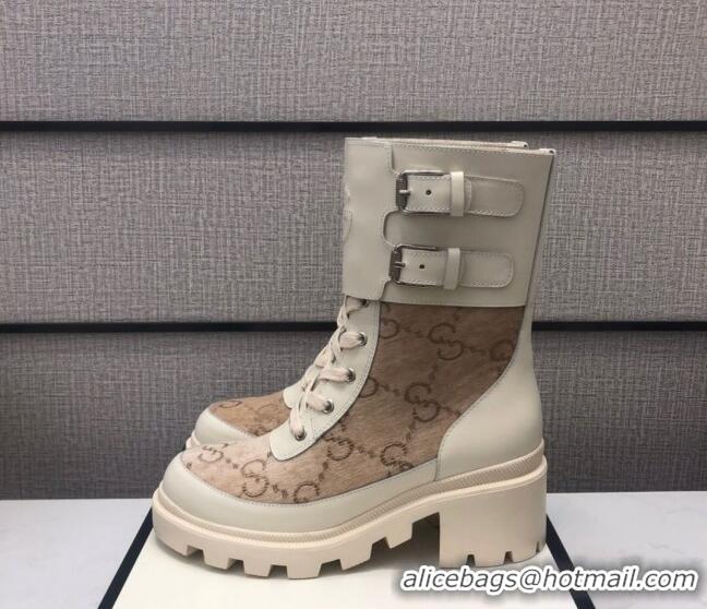 Lowest Cost Gucci GG Velvet Boots With Front Buckle and 5cm Heel Beige 110973