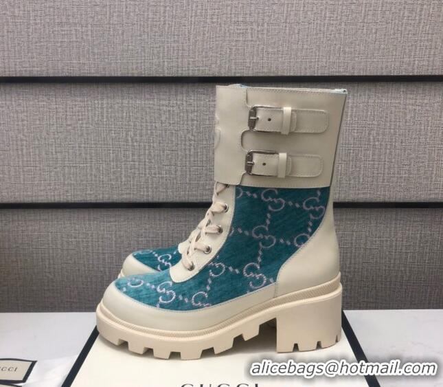 Top Quality Gucci GG Velvet Boots With Front Buckle and 5cm Heel 110973 Blue