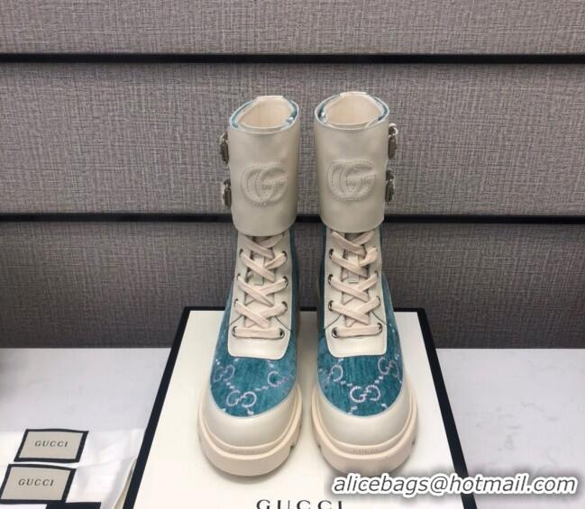 Top Quality Gucci GG Velvet Boots With Front Buckle and 5cm Heel 110973 Blue