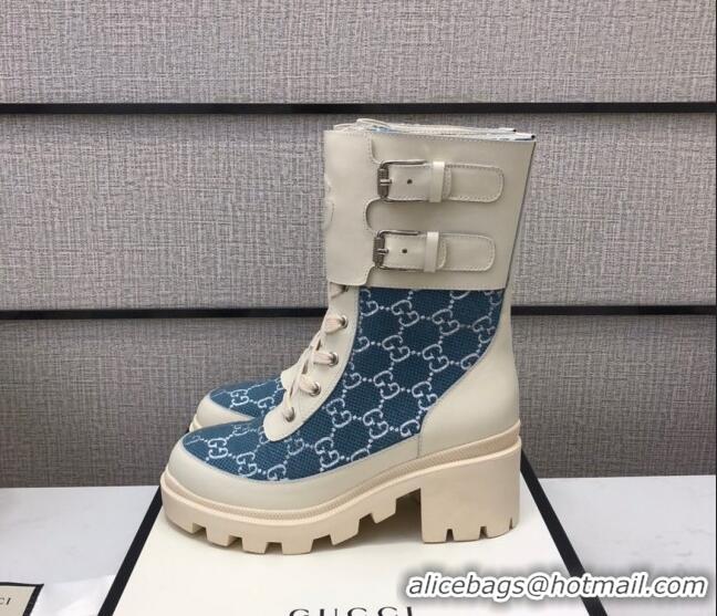 Popular Style Gucci GG Fabric Boots With Front Buckle and 5cm Heel 110966 Blue