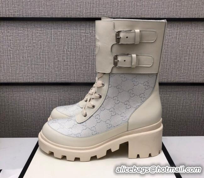 Good Quality Gucci GG Fabric Boots With Front Buckle and 5cm Heel 110966 White