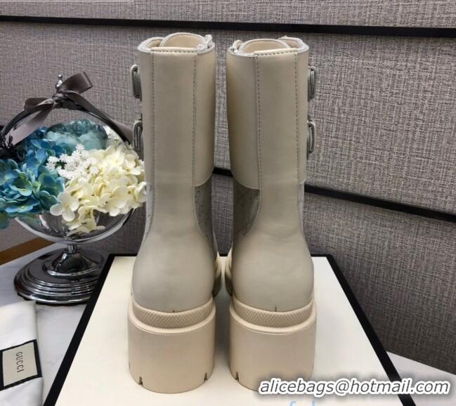 Good Quality Gucci GG Fabric Boots With Front Buckle and 5cm Heel 110966 White