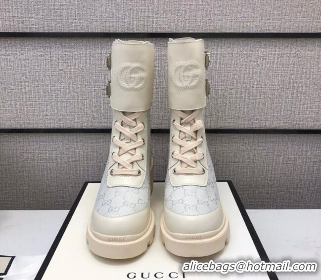 Good Quality Gucci GG Fabric Boots With Front Buckle and 5cm Heel 110966 White