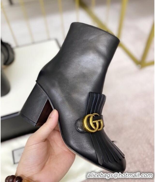 Top Quality Gucci Leather Ankle Boot With Double G Hardware and Fringe 110978 Black