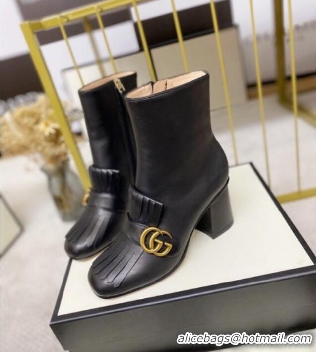 Top Quality Gucci Leather Ankle Boot With Double G Hardware and Fringe 110978 Black