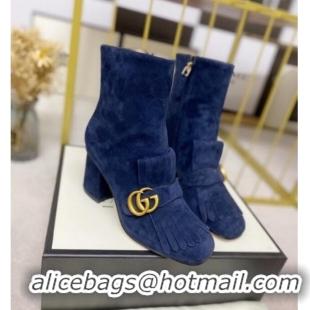 Popular Gucci Leather Ankle Boot With Double G Hardware and Fringe 110978 Blue