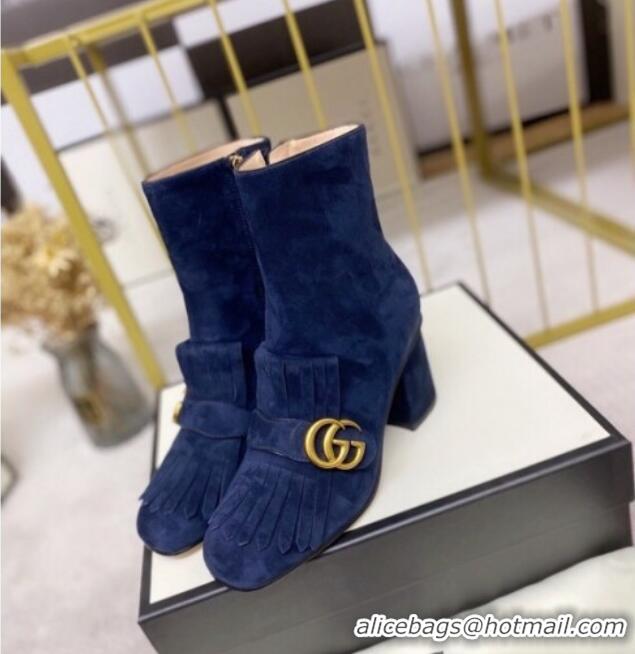 Popular Gucci Leather Ankle Boot With Double G Hardware and Fringe 110978 Blue