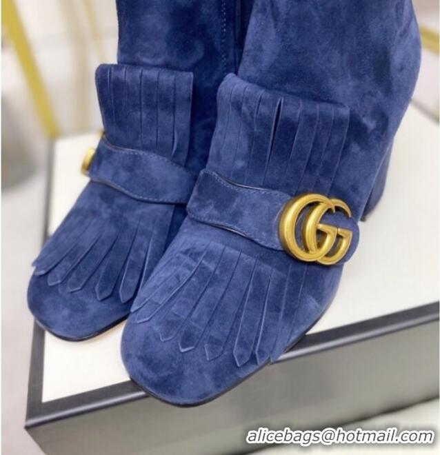 Popular Gucci Leather Ankle Boot With Double G Hardware and Fringe 110978 Blue