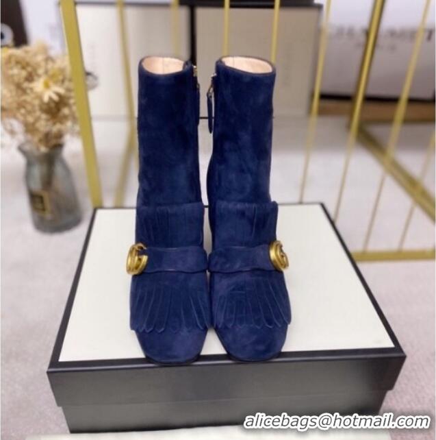 Popular Gucci Leather Ankle Boot With Double G Hardware and Fringe 110978 Blue